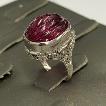 Vintage oval rubellite tourmaline ring with silver-toned ornate filigree setting