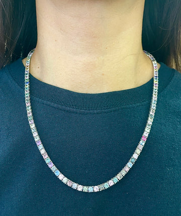 Multi-color sapphire tennis necklace with round stones in white gold setting