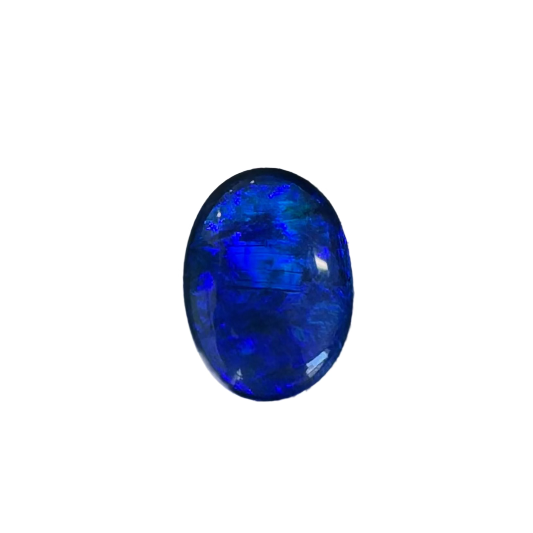 Oval black opal gemstone with vivid blue flash, polished finish
