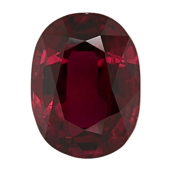 Oval ruby gemstone, dark red faceted prismatic pattern
