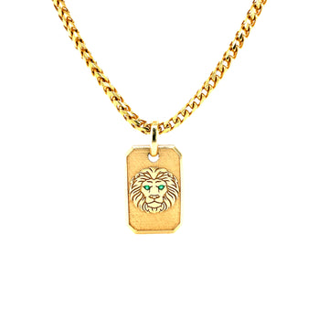 14k yellow gold lion pendant with green gemstone eyes on matching chain