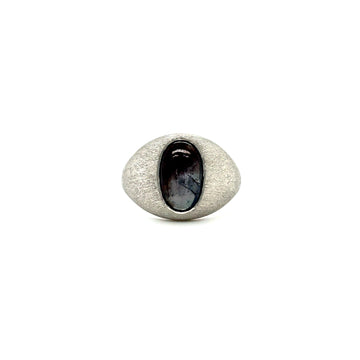 Platinum brushed oval signet ring with dark oval alexandrite cabochon