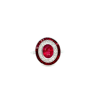 Ruby and diamond halo ring in 14k white gold, oval red center stone with round bezel