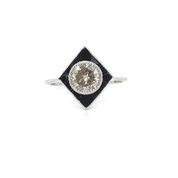 Square onyx ring with round diamond center, white gold band