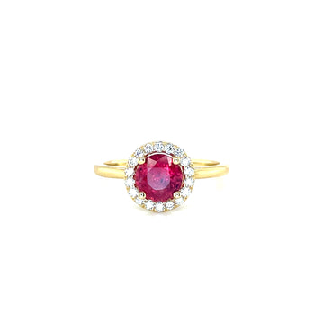 14k yellow gold ring with oval ruby center and diamond halo
