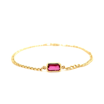 Gold chain bracelet with rectangular ruby bezel centerpiece
