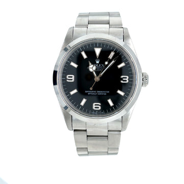 Rolex Explorer 1 stainless steel watch with black dial and metal bracelet