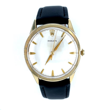 Rolex gold-tone wristwatch with white dial, gold hands, and black leather strap