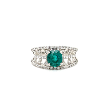 Platinum ring with oval teal Paraiba tourmaline and diamond band