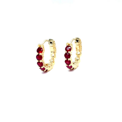 14k yellow gold ruby mini hoop earrings, side view, five deep red stones