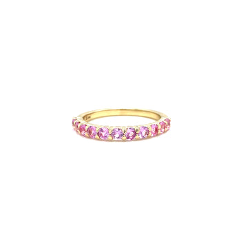 Yellow gold pink sapphire eternity band with round stones