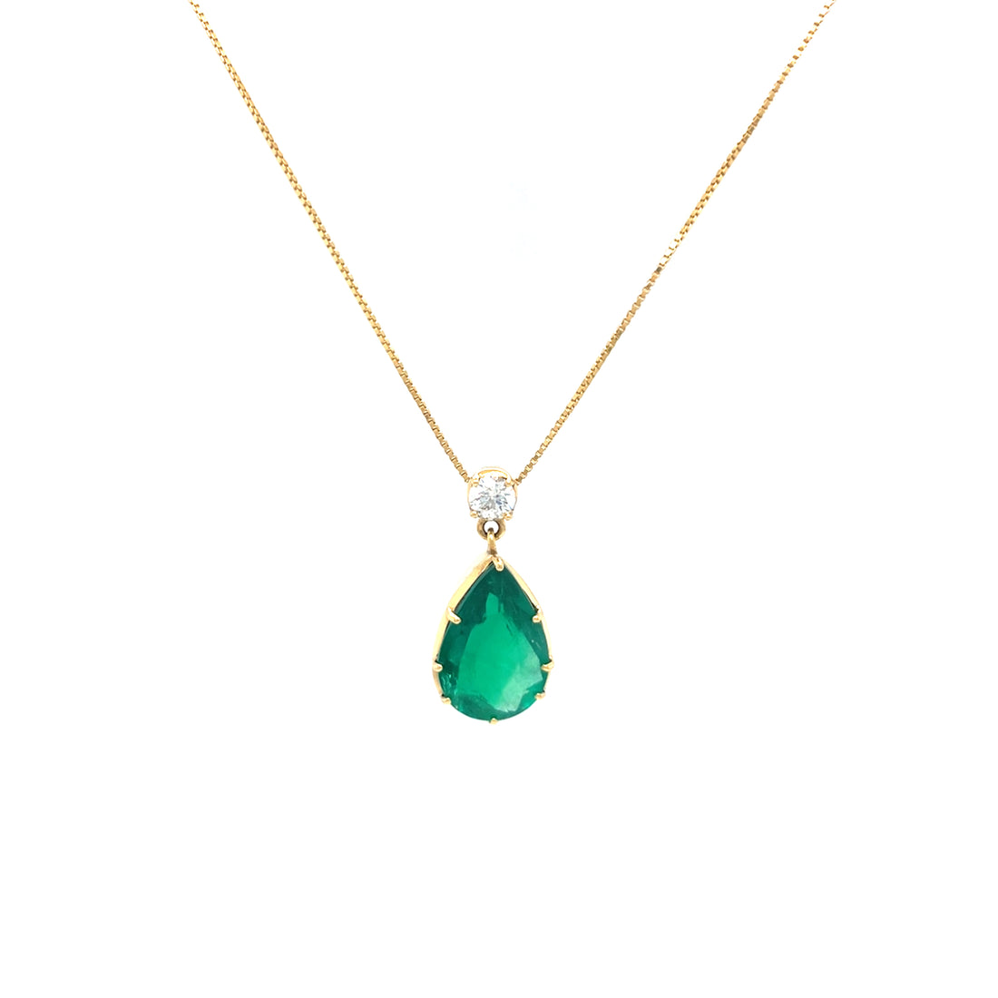 18k yellow gold pendant necklace with green pear emerald and small diamond detail