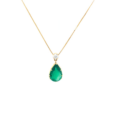 18k yellow gold pendant necklace with green pear emerald and small diamond detail