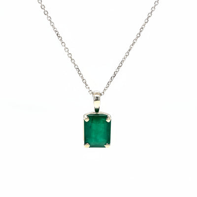 Emerald-cut green gemstone pendant in sterling silver on a chain