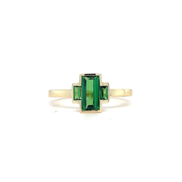 14k yellow gold ring with rectangular green tsavorite center and side gemstones