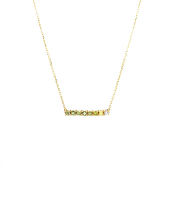 14k yellow gold sapphire bar pendant with green and yellow stones on chain