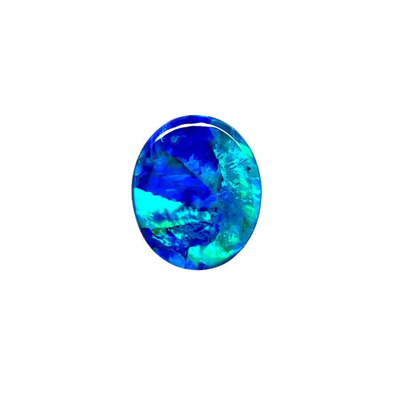 Oval cabochon opal gemstone with dominant blue and hints of green play-of-color