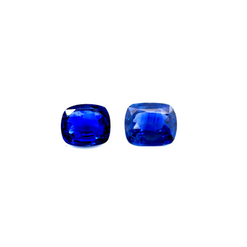 Pair of blue sapphire gemstones, cushion-cut, deep royal blue with faceted faces
