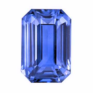 Emerald-cut blue sapphire gemstone, step-cut close-up