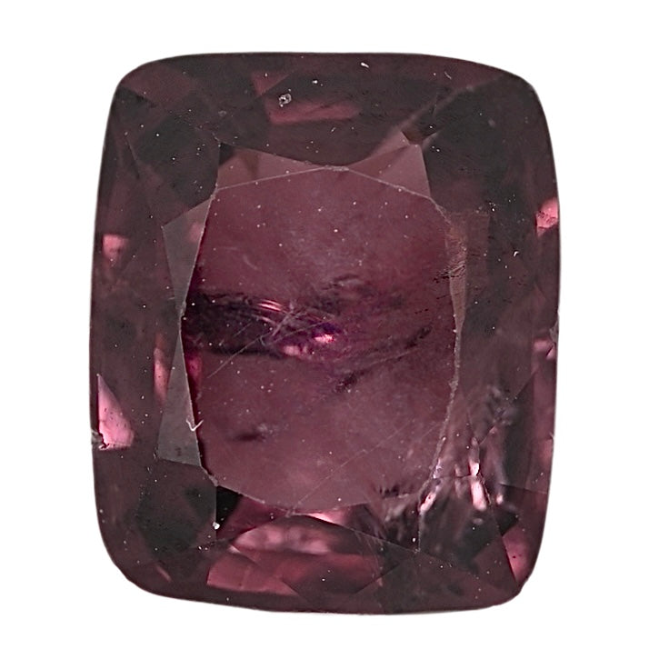 Purple spinel gemstone, cushion-cut with faceted brilliance