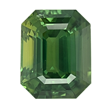 Emerald-cut teal-green sapphire close-up with step facets