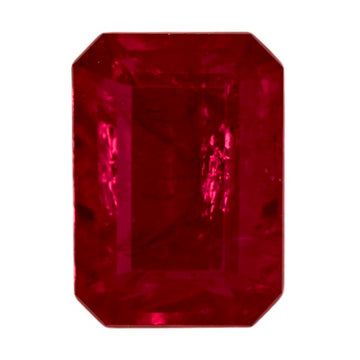 Deep red ruby gemstone, step-cut emerald shape close-up