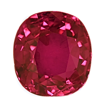Round-cut ruby gemstone in deep red, faceted, close-up view