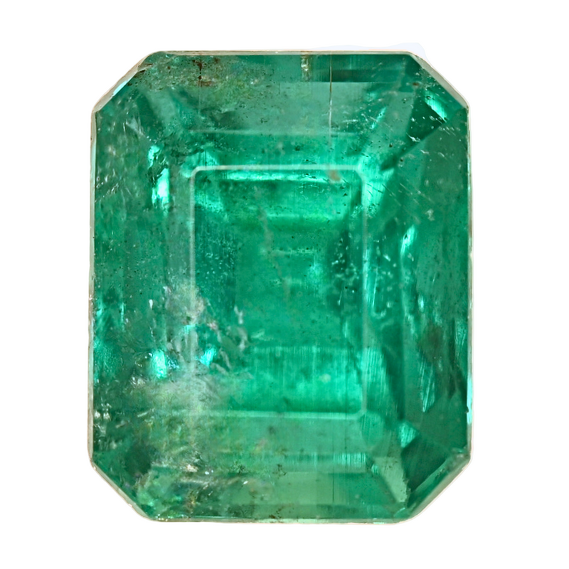 Emerald-cut green emerald gemstone, octagonal step facets