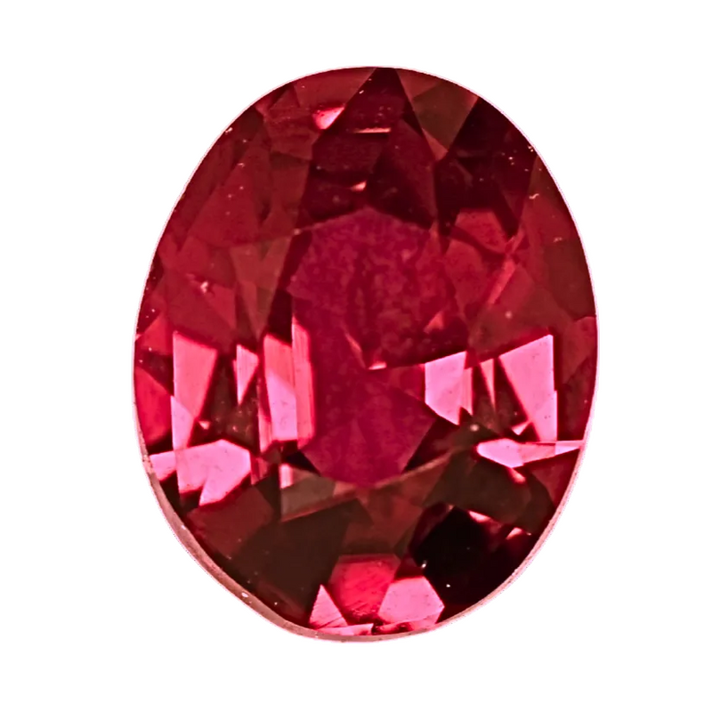 Oval red ruby gemstone with faceted cut and bright sparkle, close-up view