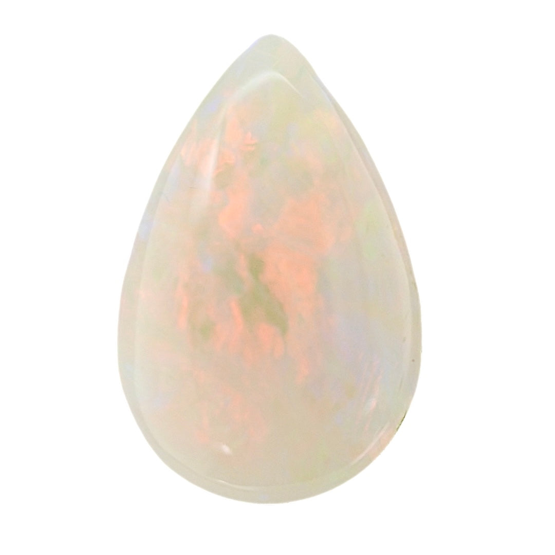 White opal teardrop gemstone with iridescent orange and blue flashes