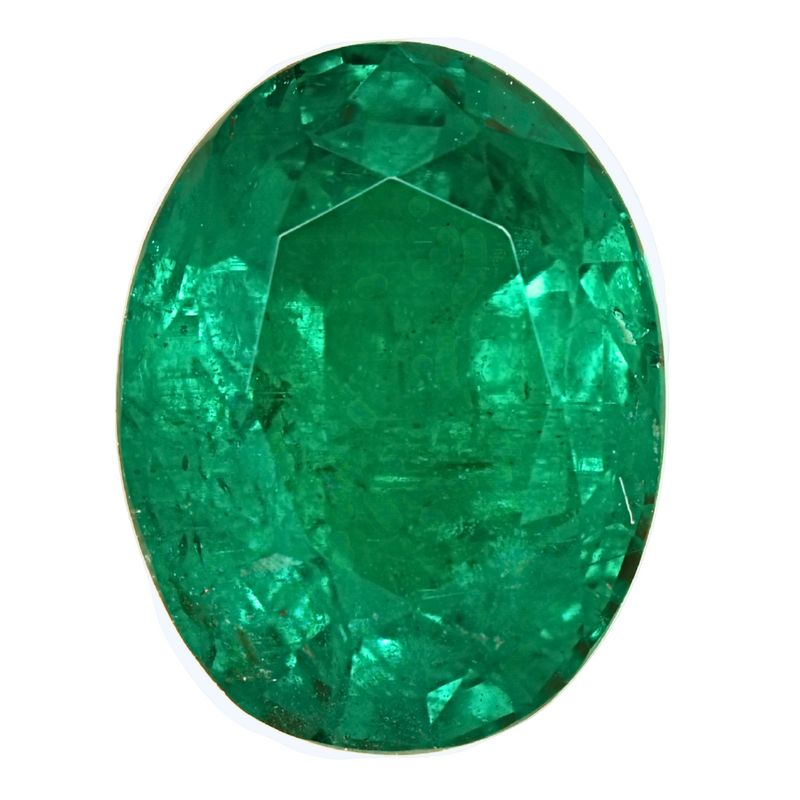 Green oval faceted gemstone, emerald-cut style, polished for brilliance
