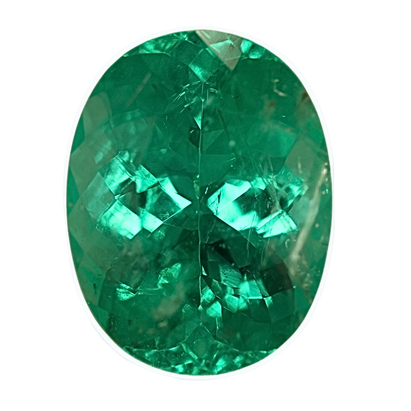 Oval emerald-cut gemstone, vivid green with faceted crown
