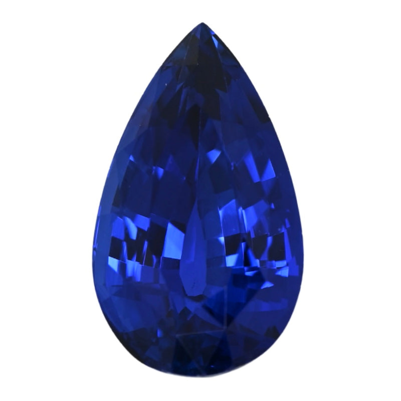 Pear-cut blue sapphire gemstone, teardrop shape with deep faceted luster