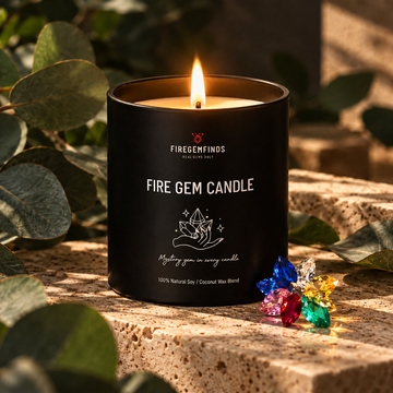 Black jar candle with lit flame, Fire Gem Candle label