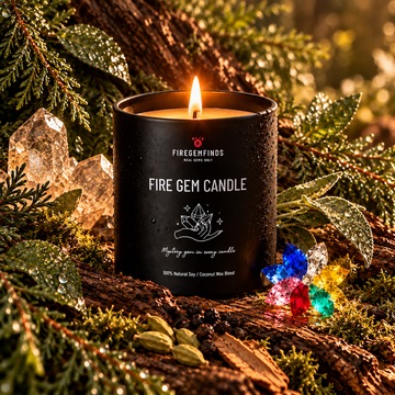 Black fire gem candle in a glass jar, with lit wick and logo label