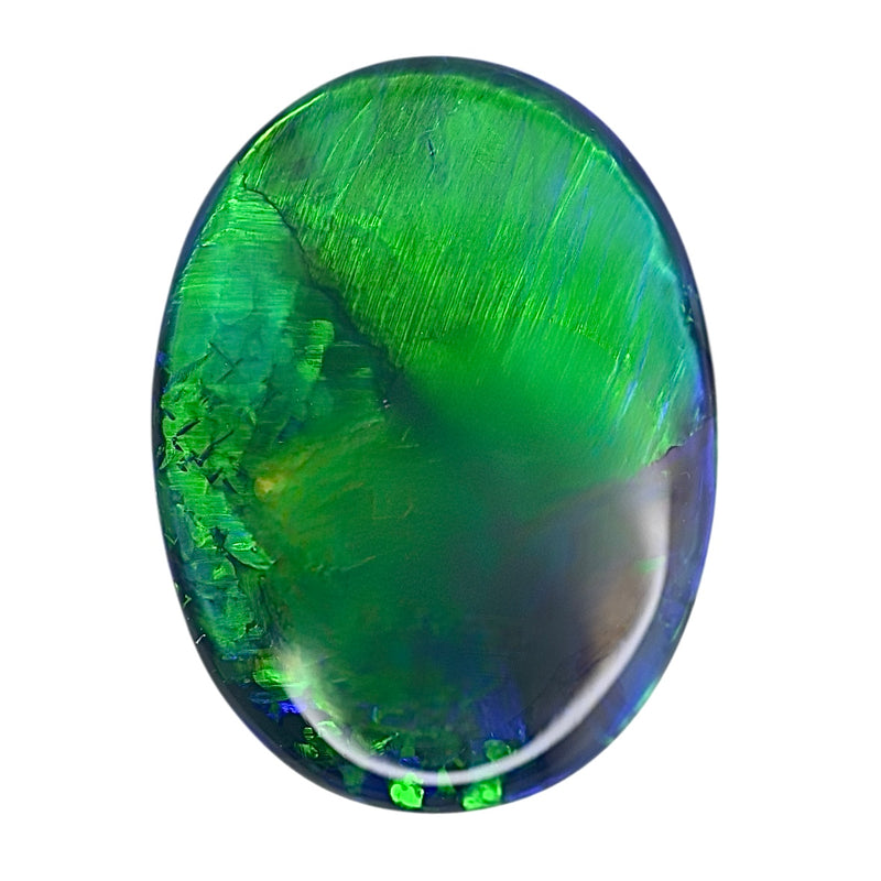 Oval black Australian opal cabochon with vivid green and blue iridescence