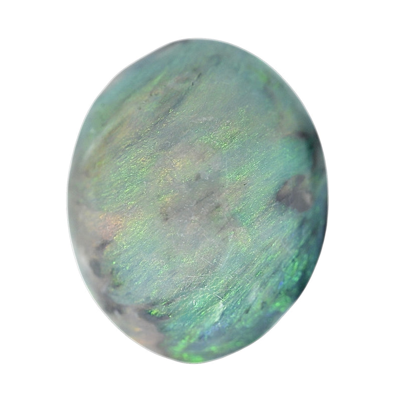 Oval semi-black opal cabochon with green-blue iridescent flash