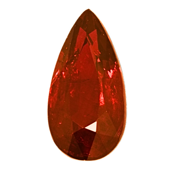 Pear-shaped faceted ruby gemstone, rich red with bright reflections
