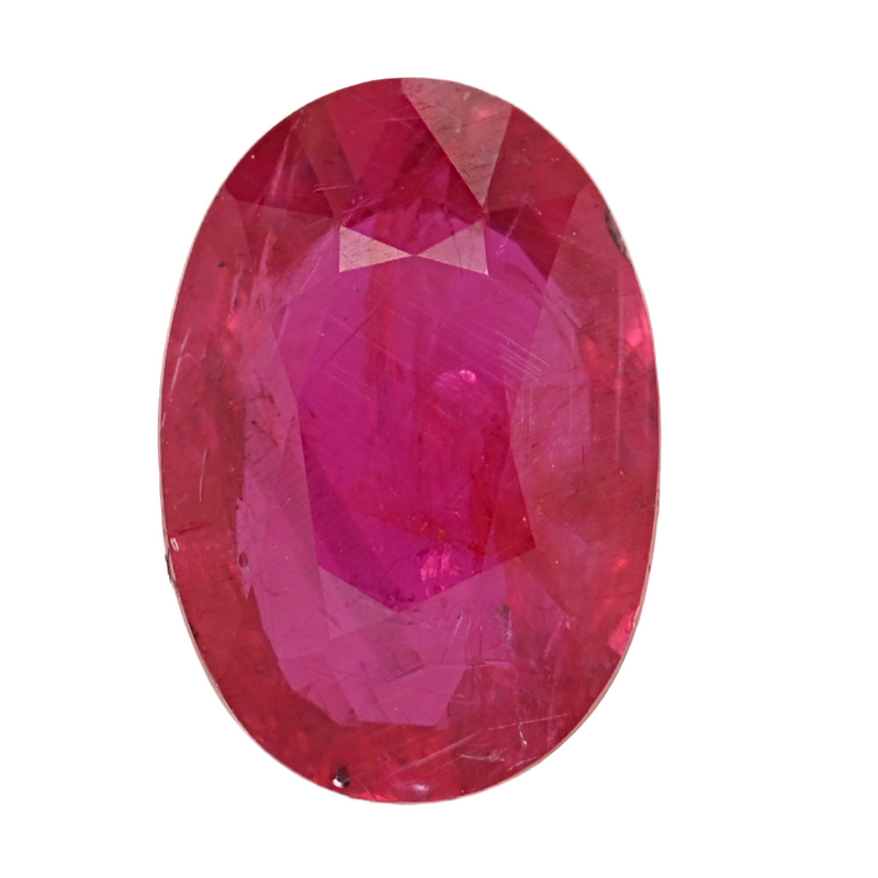 Oval faceted ruby gemstone, vibrant pink-red, close-up view