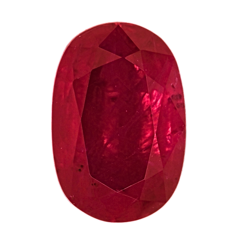 Oval ruby gemstone, rich red, prong-facet pattern with reflective face