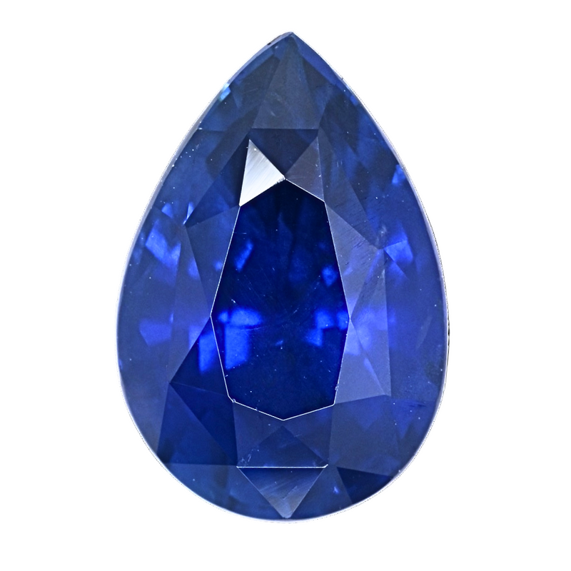 Blue sapphire gemstone, oval teardrop with step facets and deep blue luster