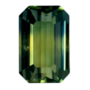 Teal bi-color sapphire gemstone, emerald-cut, rectangular step facets