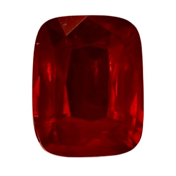 Cushion-cut ruby gemstone in deep red, square face
