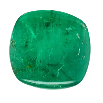 Green cushion-cut emerald gemstone with a polished face and visible natural inclusions.