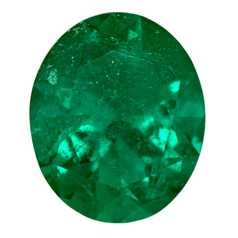 Large oval faceted green emerald gemstone with bright highlights