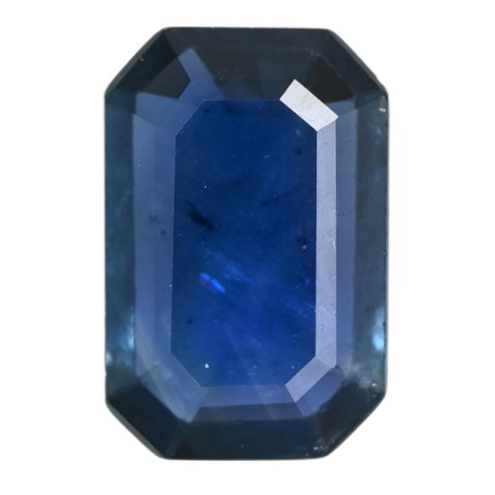 Dark blue sapphire gemstone with emerald-cut, octagonal facets