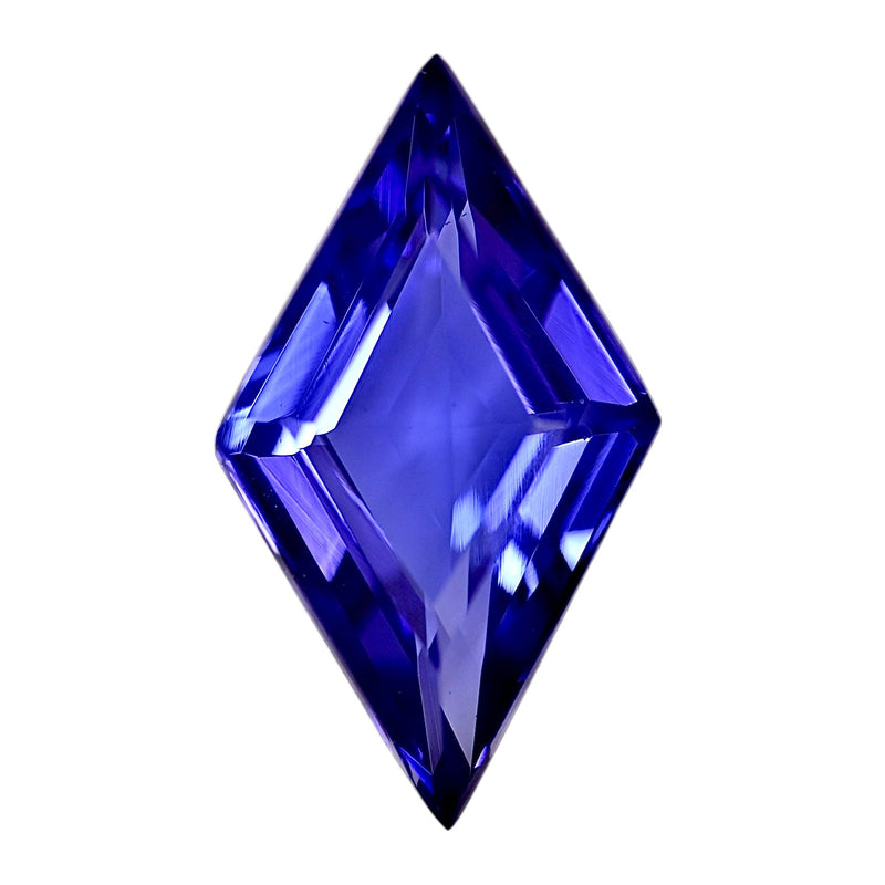 Faceted tanzanite gemstone, elongated diamond shape, deep blue-violet