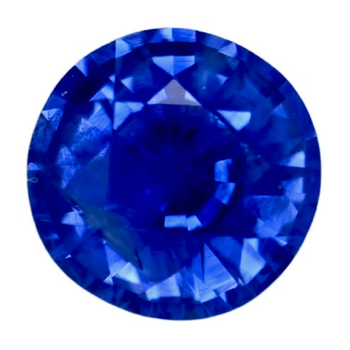 Round-cut blue sapphire gemstone, faceted with bright blue tones