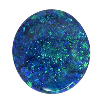Round opal cabochon with vivid blue-green iridescent sparkle