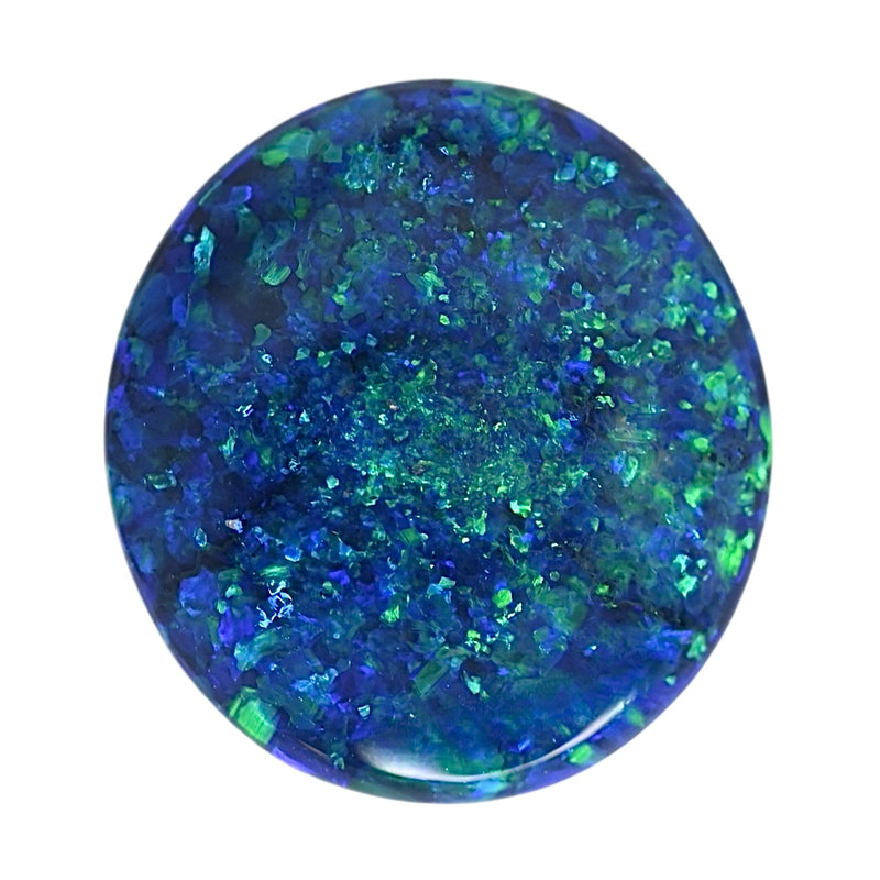 Round opal cabochon with vivid blue-green iridescent sparkle